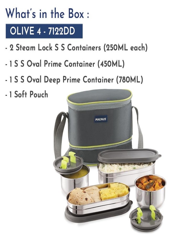 Magnus Olive-4 Stainless Steel Lunchbox with Leak-Proof Containers & Insulated Carry Case - Airtight Food Storage Lunch Box for Kids, Office Men, Women - Dual Long Containers for School, Picnic,1730ml - Image 2